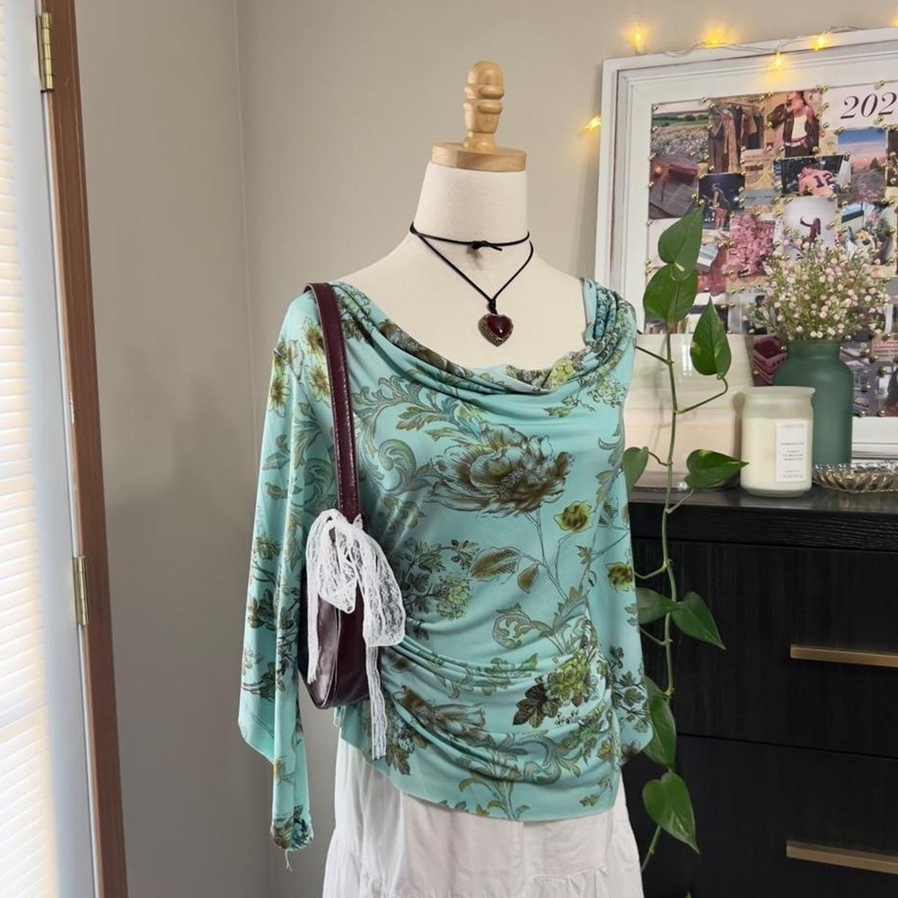 Vintage Y2K Betsey Boo Teal Floral Fairy Blouse Top Asymmetrical Whimsical